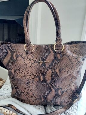 Cole Haan Brown Snake-Print Leather Tote with Gold Hardware